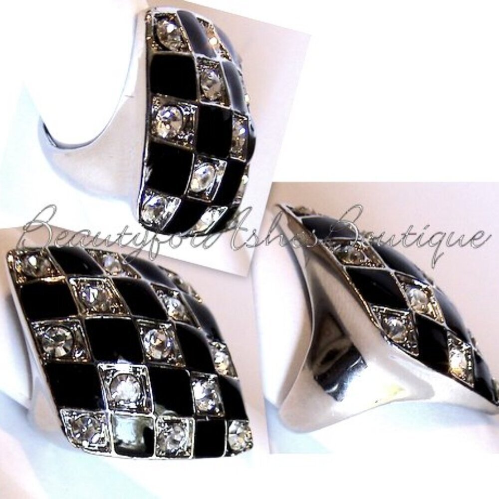 Checkerboard Black White Diamond Shape Ring - Size 8 - New w/Tags